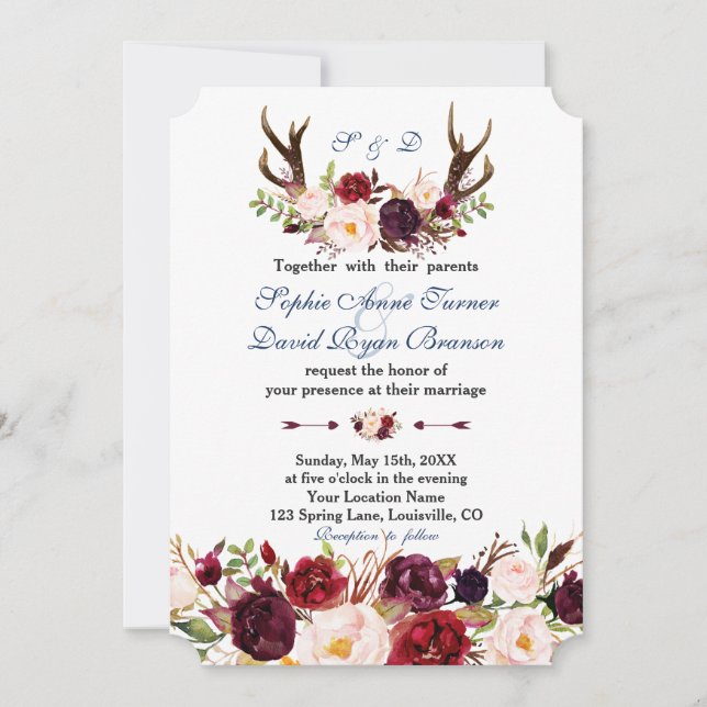Burgundy Floral Navy Blue Antlers Monogram Wedding Invitation (Front)
