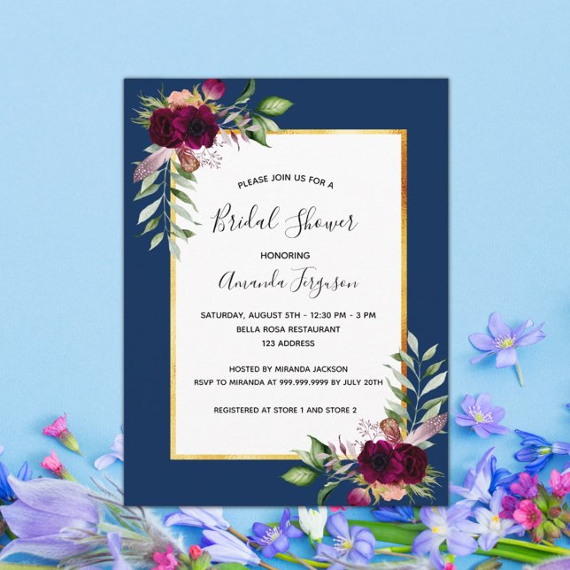 Burgundy floral navy blue bridal shower invitation postcard (Creator Uploaded)