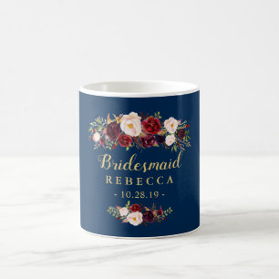 Burgundy Floral Navy Blue Bridesmaid Wedding Favou Coffee Mug
