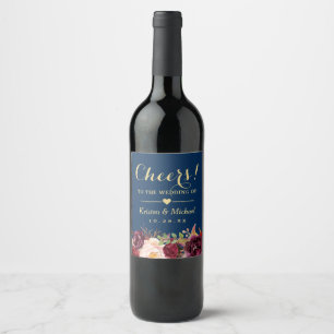 Burgundy Floral Navy Blue Cheers To The Wedding Wine Label