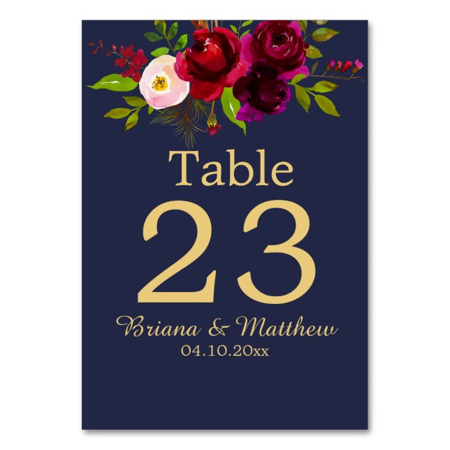 Burgundy Floral Navy Blue Elegant Script Table Number (Front)