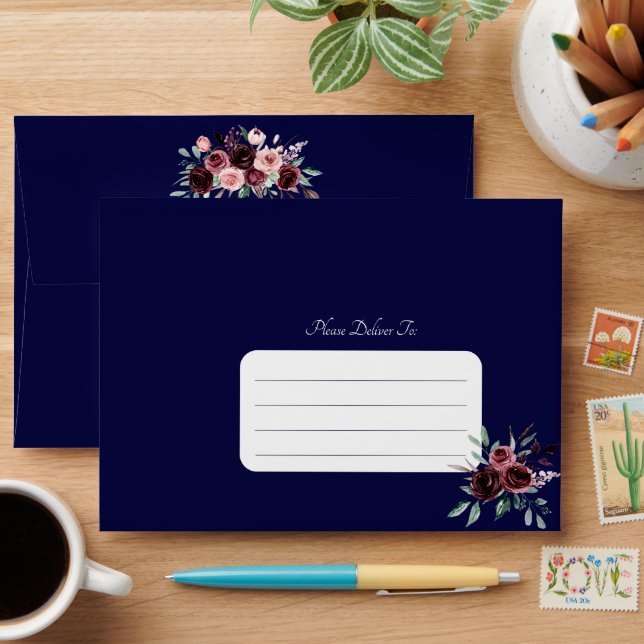Burgundy Floral Navy Blue Elegant Script Wedding Envelope (Desk)