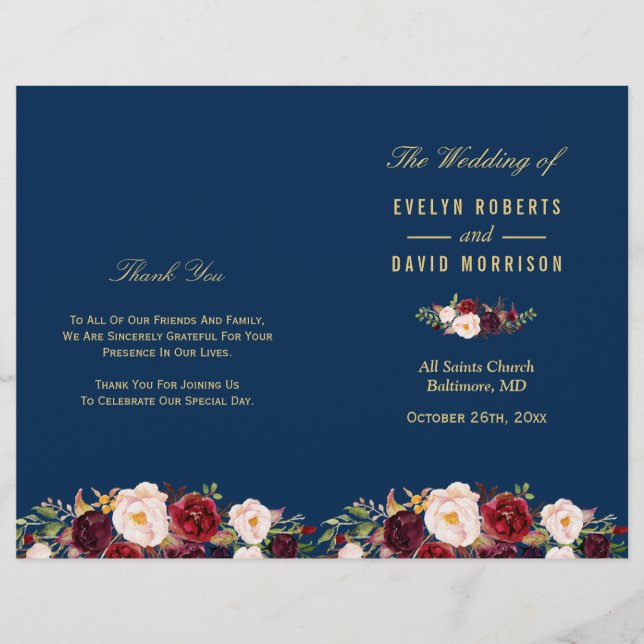 Burgundy Floral Navy Blue Folded Wedding Program (Front)