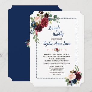 Burgundy Floral Navy Blue Frame Bridal Shower Invitation