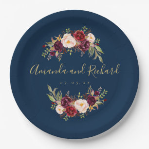 Burgundy Floral Navy Blue Gold Engagement Party Paper Plate