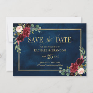 Burgundy Floral Navy Blue Gold Frame Save the Date