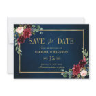 Burgundy Floral Navy Blue Gold Frame Save the Date