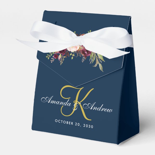 Burgundy Floral Navy Blue Gold Monogram Wedding Favour Box (Front Side)