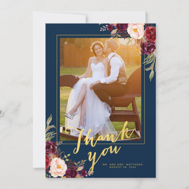 Burgundy Floral Navy Blue Gold Photo Wedding Thank You Card (Front)