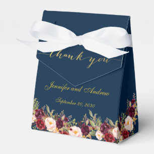 Burgundy Floral Navy Blue Gold Script Wedding Favour Box
