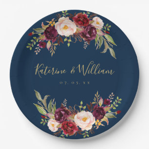 Burgundy Floral Navy Blue Gold Wedding Engagement Paper Plate
