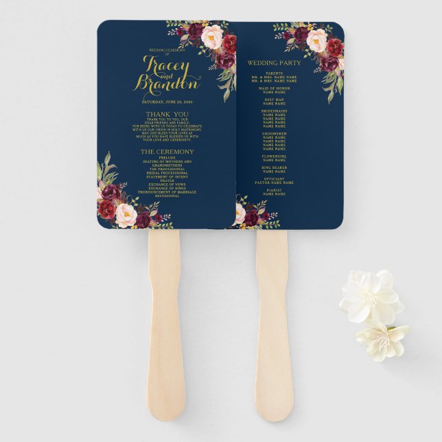 Burgundy Floral Navy Blue Gold Wedding Program Hand Fan (Front and Back)