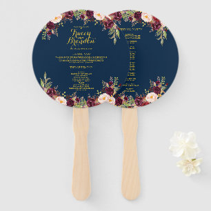 Burgundy Floral Navy Blue Gold Wedding Program Hand Fan