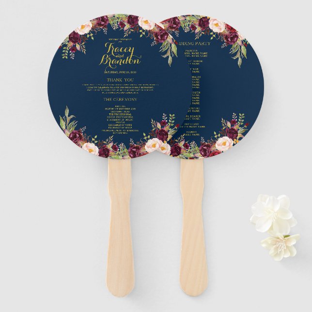 Burgundy Floral Navy Blue Gold Wedding Program Hand Fan (Front and Back)