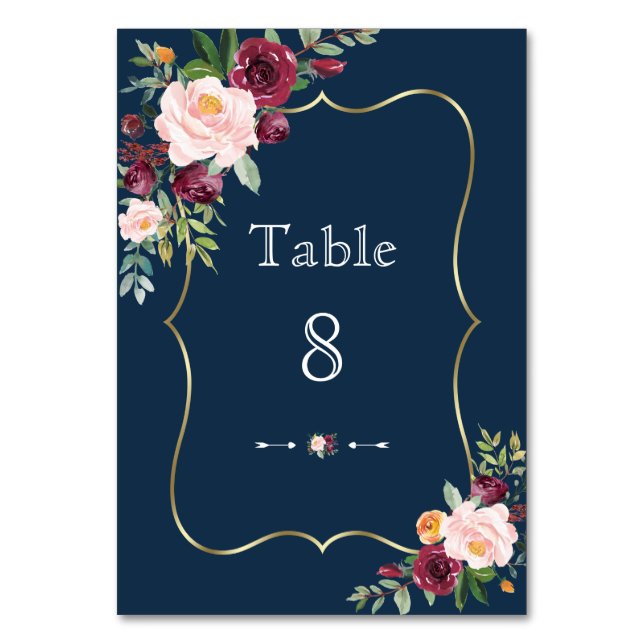 Burgundy Floral Navy Blue Gold Wedding Table Number (Front)