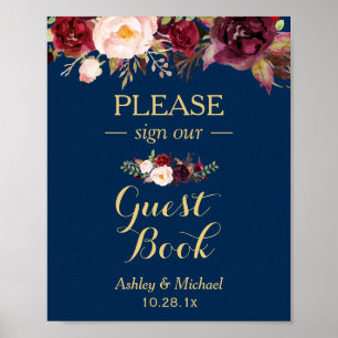 Burgundy Floral Navy Blue Guest book Wedding Sign