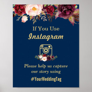 Burgundy Floral Navy Blue Instagram Wedding Sign