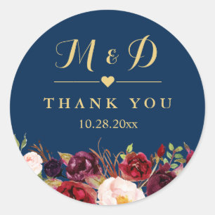 Burgundy Floral Navy Blue Monogram Wedding Favour Classic Round Sticker