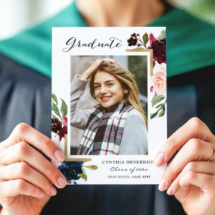 Burgundy Floral Navy Blue Photo Graduation Party Invitation
