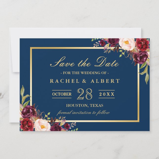 Burgundy Floral Navy Blue Photo Save the Date (Front)