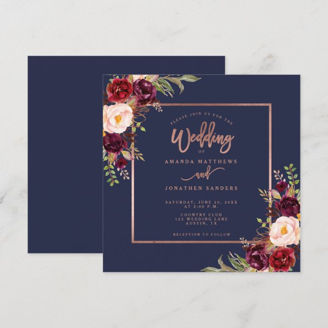 Burgundy Floral Navy Blue Rose Gold Script Wedding Invitation (Front/Back)