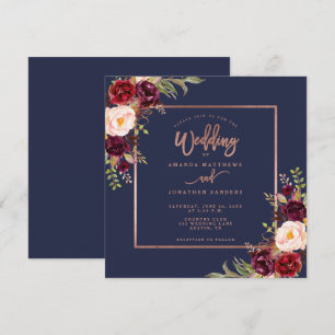 Burgundy Floral Navy Blue Rose Gold Script Wedding Invitation