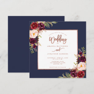 Burgundy Floral Navy Blue Rose Gold Script Wedding Invitation