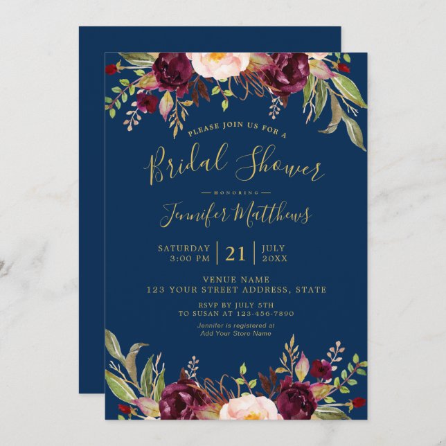 Burgundy Floral Navy Blue Rustic Bridal Shower Invitation (Front/Back)