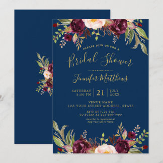 Burgundy Floral Navy Blue Rustic Bridal Shower Invitation