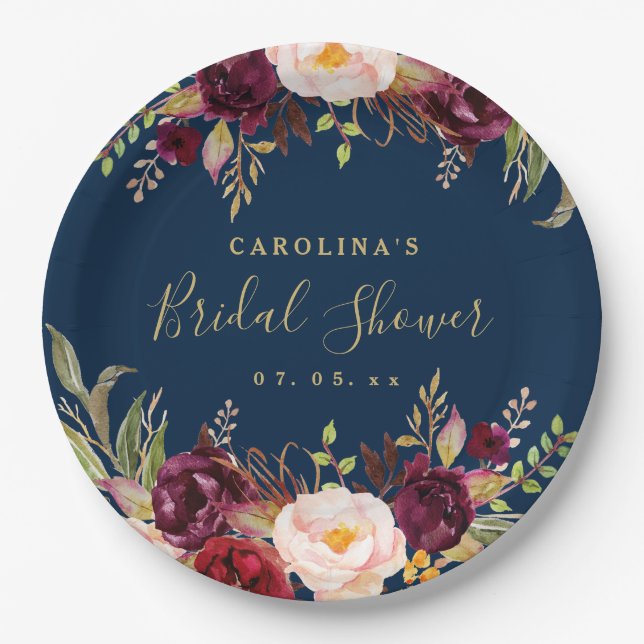Burgundy Floral Navy Blue Rustic Bridal Shower Paper Plate (Front)