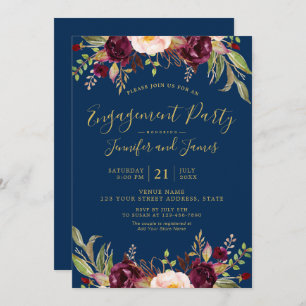 Burgundy Floral Navy Blue Rustic Engagement Party Invitation