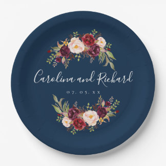 Burgundy Floral Navy Blue Rustic Engagement Party Paper Plate