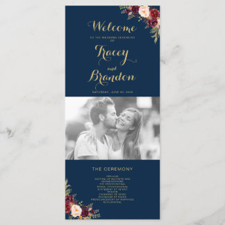 Burgundy Floral Navy Blue Script Photo Wedding Programme