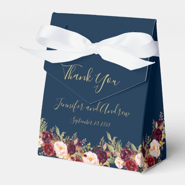 Burgundy Floral Navy Blue Script Rustic Wedding Favour Box (Front Side)