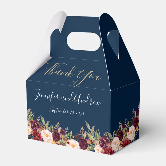 Burgundy Floral Navy Blue Script Rustic Wedding Favour Box (Front Side)