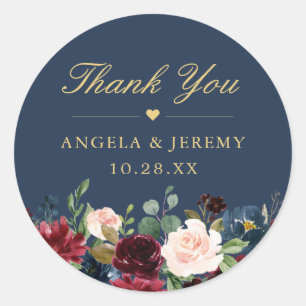 Burgundy Floral Navy Blue Thank You Wedding Favour Classic Round Sticker