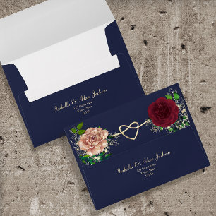 Burgundy Floral Navy Blue Wedding Envelope