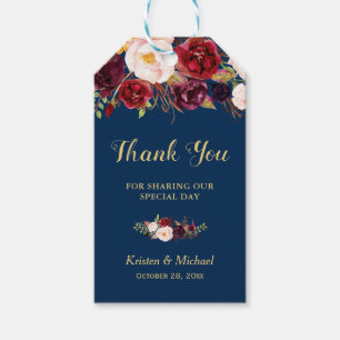 Burgundy Floral Navy Blue Wedding Favour Thank You Gift Tags