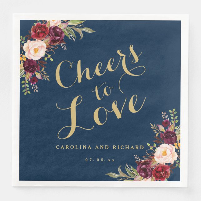 Burgundy Floral Navy Blue Wedding Gold Cheers Napkin (Front)