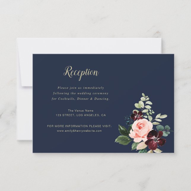 burgundy floral navy blue wedding reception card (Front)