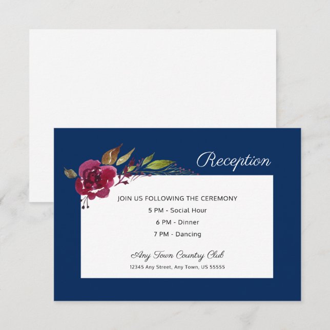 Burgundy Floral Navy Blue Wedding Reception Invitation (Front/Back)