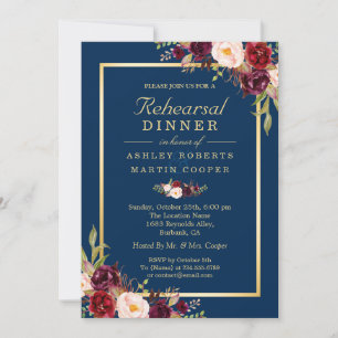 Burgundy Floral Navy Blue Wedding Rehearsal Dinner Invitation