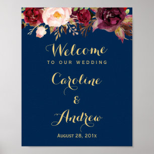 Burgundy Floral Navy Blue Welcome Wedding Sign