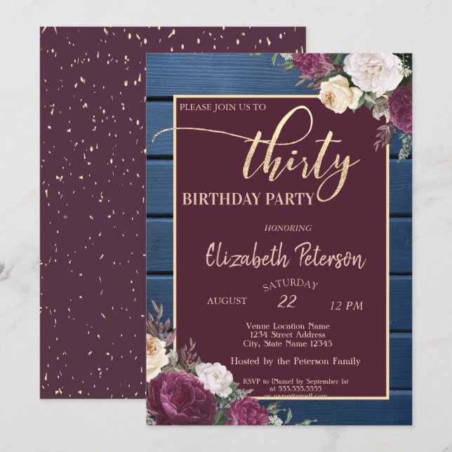 Burgundy Floral Navy Blue Wood 30th Birthday  Invitation (Front/Back)