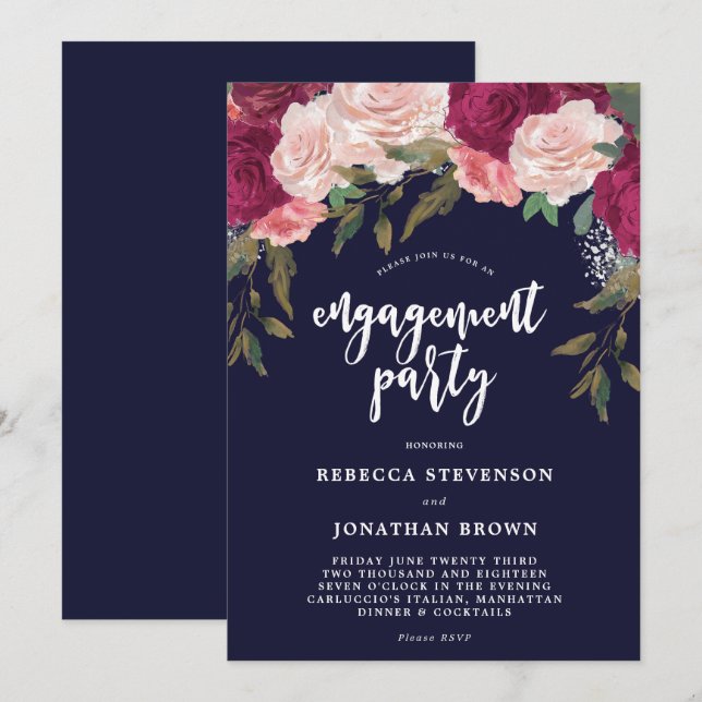 Burgundy floral navy engagement party invitation (Front/Back)
