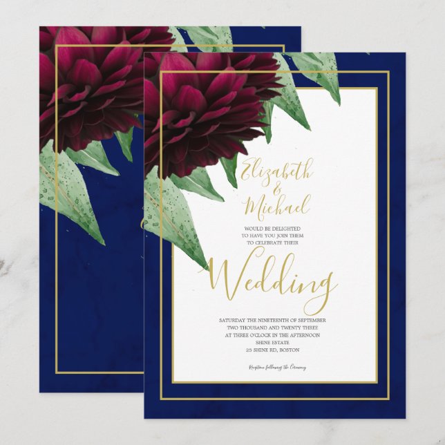 Burgundy Floral Navy Gold Elegant Chic Wedding Invitation (Front/Back)