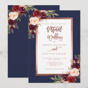 Burgundy Floral Navy Rose Gold Virtual Wedding Invitation