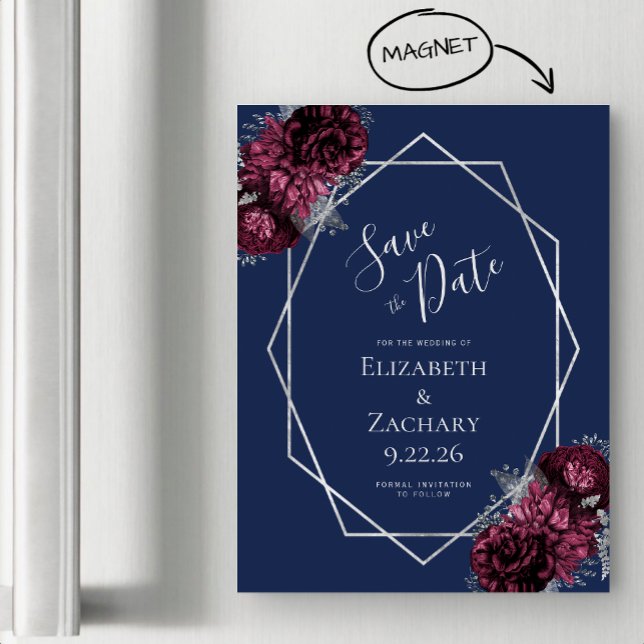 Burgundy Floral Navy Silver Wedding Save the Date Magnetic Invitation (Creator Uploaded)