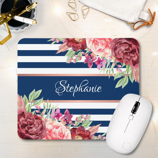 Burgundy Floral Navy Stripes Monogram Name Mouse Mat (Creator Uploaded)