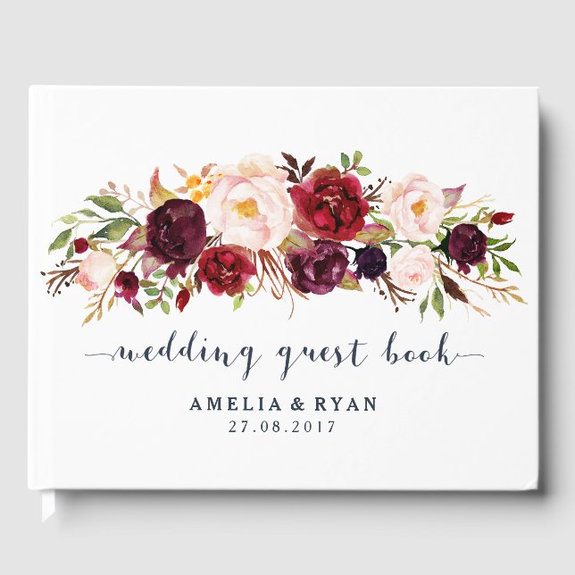 Burgundy Floral Navy Wedding Guest Book (Front)